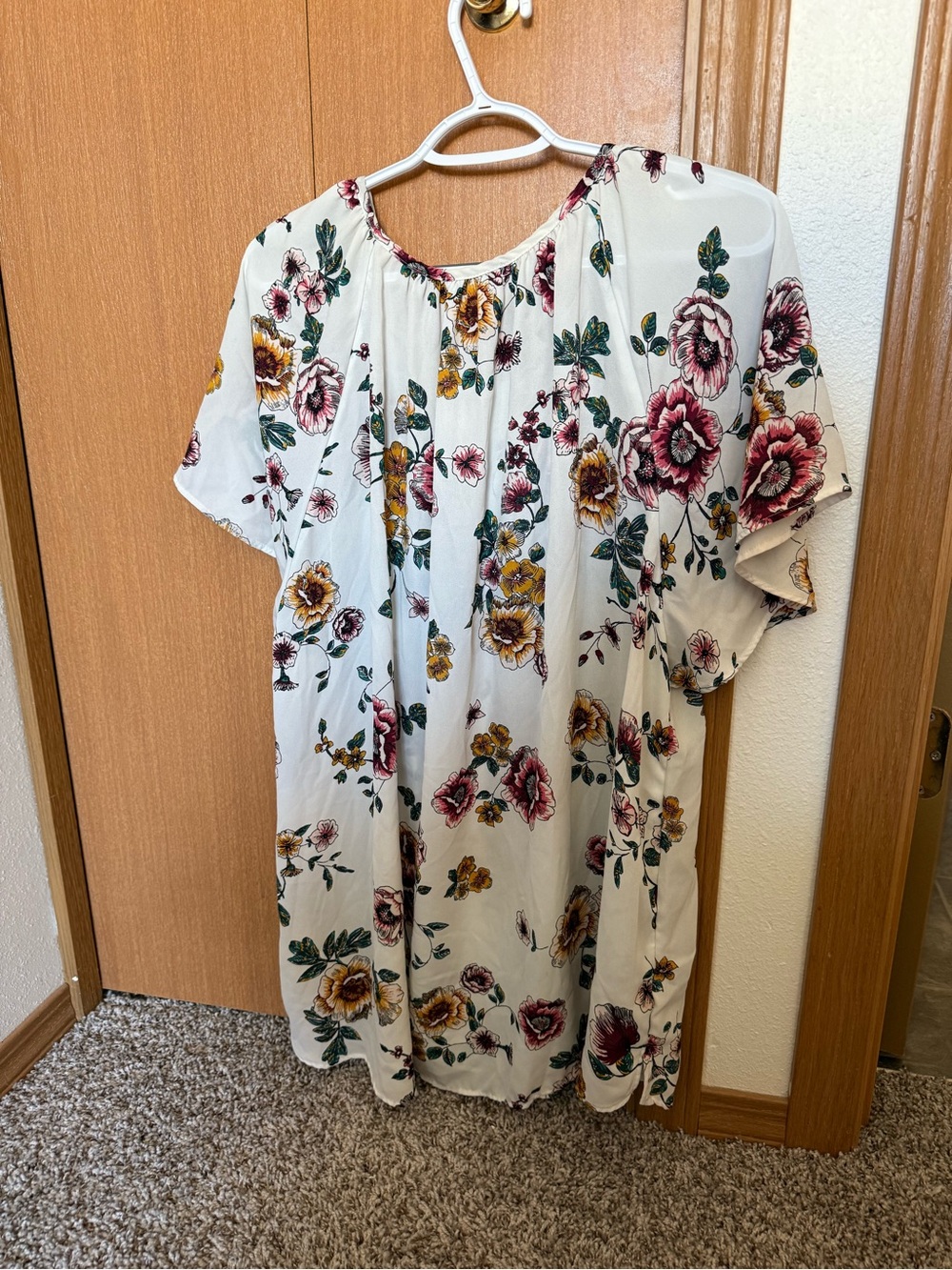 Cream Floral Tie-Neck Blouse with Pink & Mustard Blooms - Picture 3 of 5